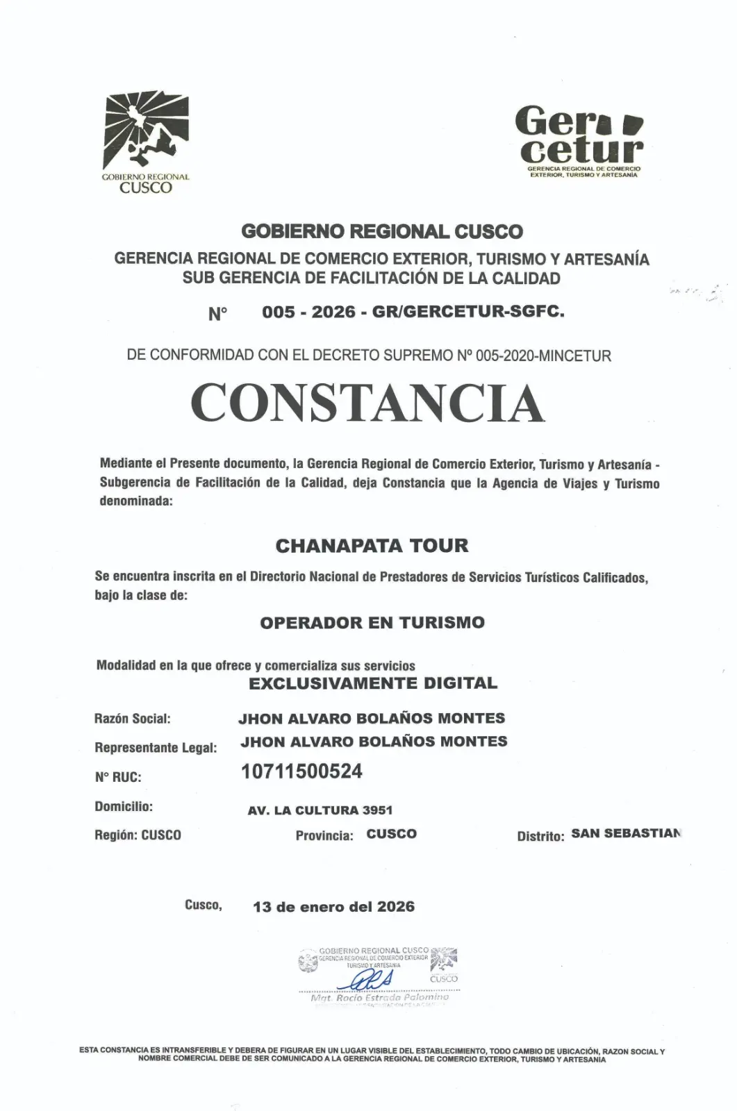 Constancia Gercetur Chanapata Tour